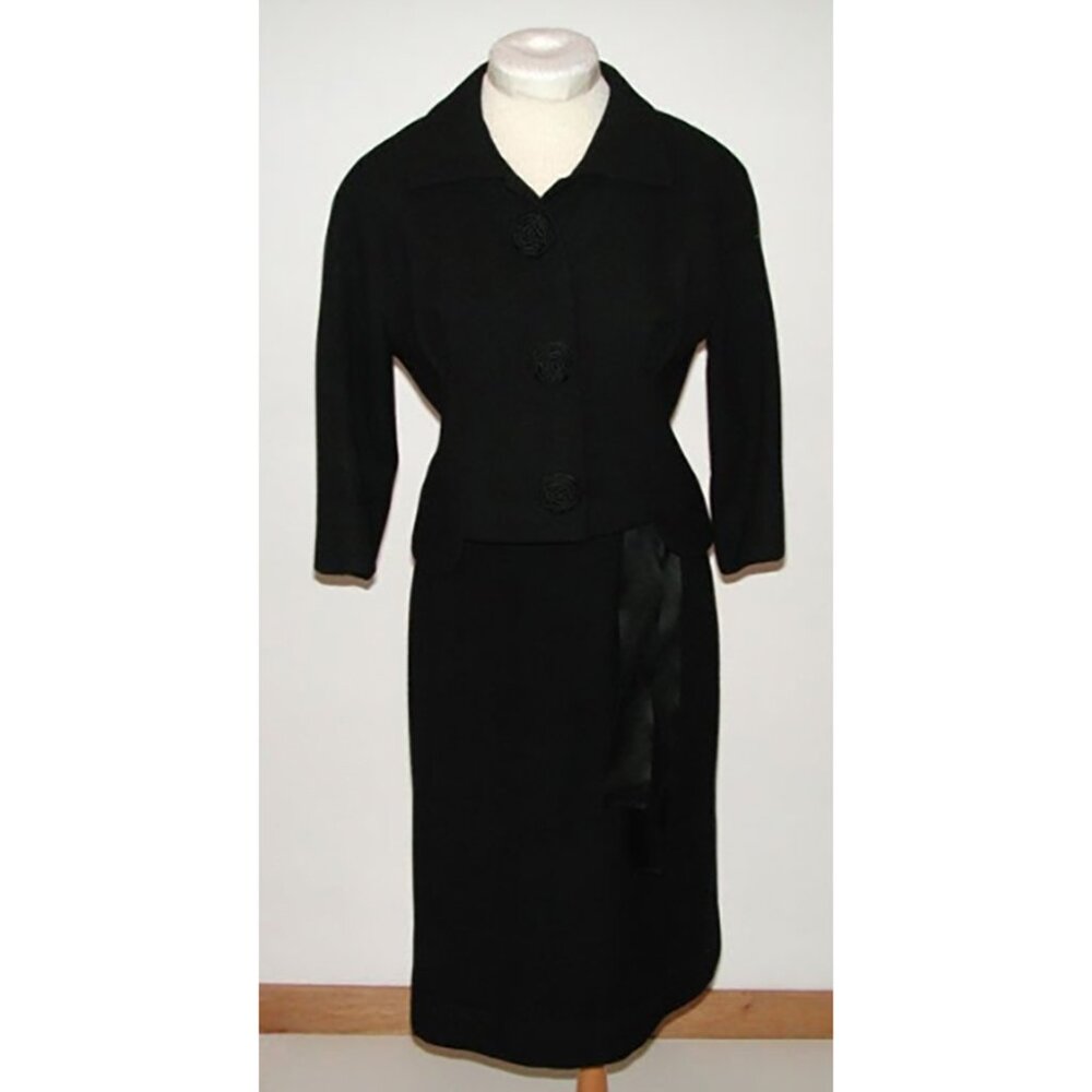 Claras Suit Dress 1950s Vintage Black Wool with Floral Cord Buttons